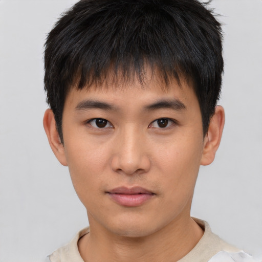 Neutral asian young-adult male with short  brown hair and brown eyes