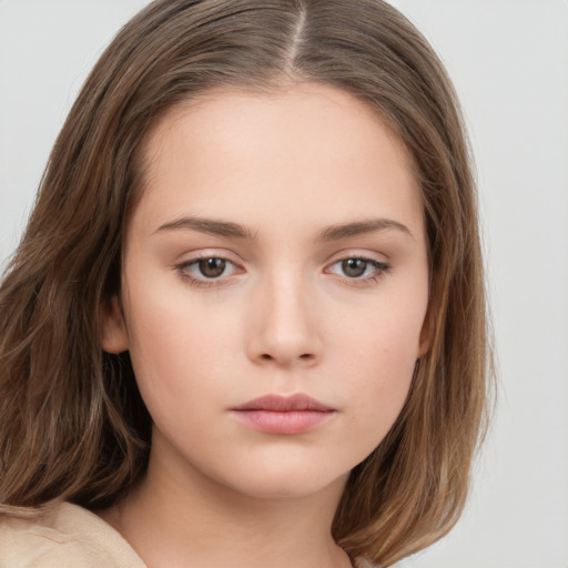 Neutral white young-adult female with medium  brown hair and brown eyes