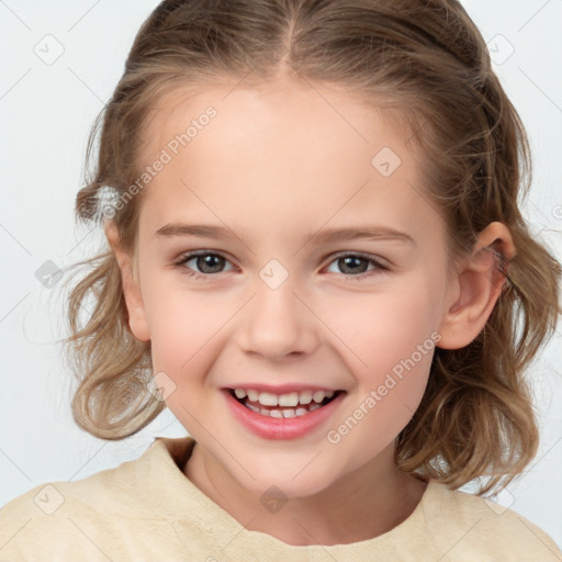 Joyful white child female with medium  brown hair and brown eyes