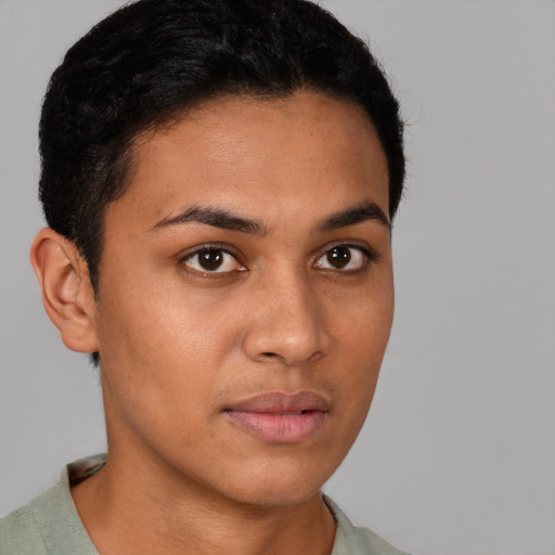 Neutral latino young-adult female with short  brown hair and brown eyes