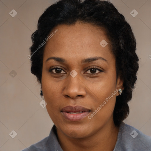 Neutral black adult female with short  black hair and brown eyes