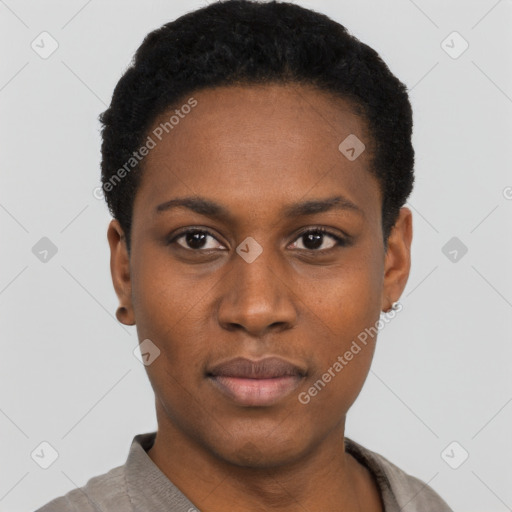 Neutral black young-adult female with short  black hair and brown eyes