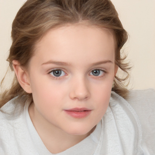 Neutral white child female with medium  brown hair and grey eyes