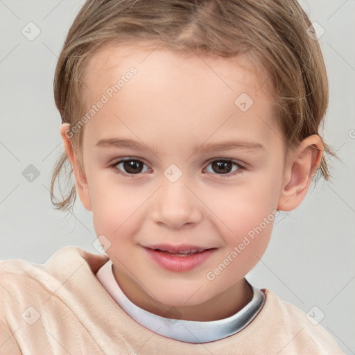 Joyful white child female with short  brown hair and brown eyes