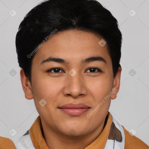 Joyful latino young-adult female with short  brown hair and brown eyes