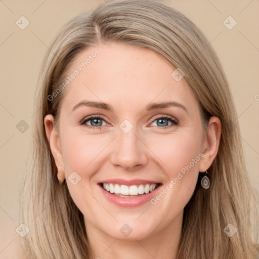 Joyful white young-adult female with long  brown hair and grey eyes