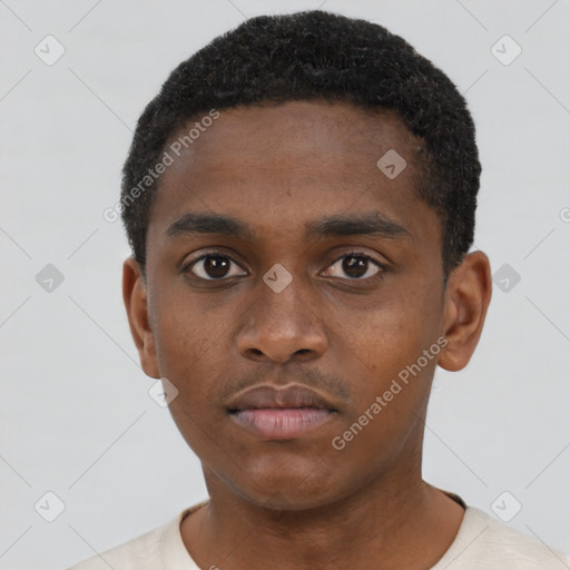 Neutral black young-adult male with short  black hair and brown eyes