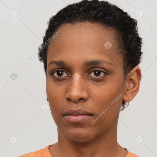 Neutral black young-adult female with short  brown hair and brown eyes