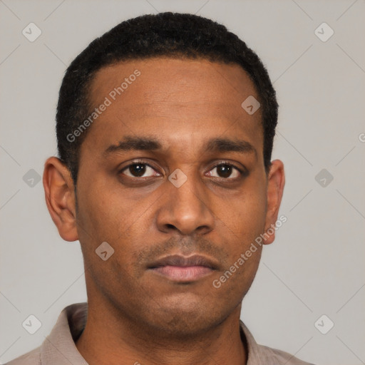 Neutral black young-adult male with short  black hair and brown eyes