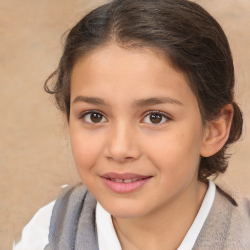 Joyful white child female with medium  brown hair and brown eyes