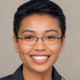 Joyful latino young-adult female with short  brown hair and brown eyes