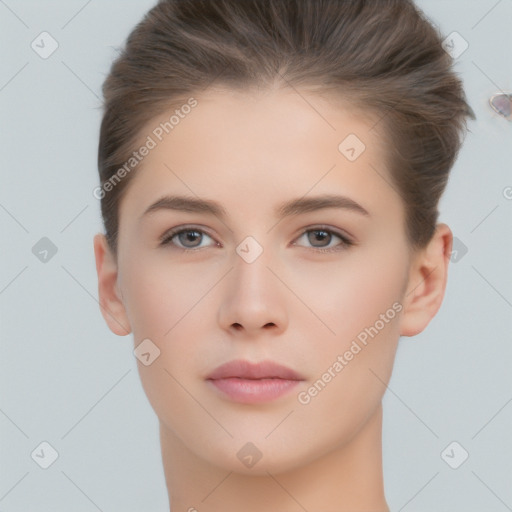 Neutral white young-adult female with short  brown hair and brown eyes