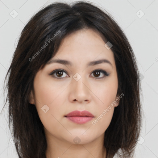 Neutral asian young-adult female with long  brown hair and brown eyes