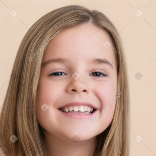 Joyful white child female with long  brown hair and brown eyes