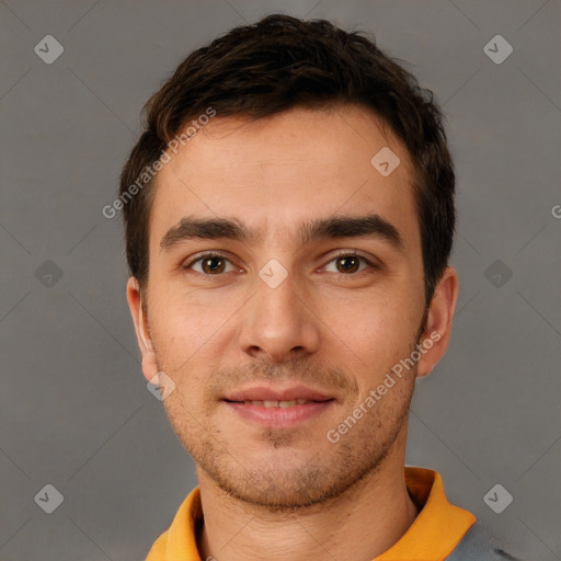 Joyful white young-adult male with short  brown hair and brown eyes