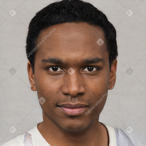 Neutral black young-adult male with short  black hair and brown eyes