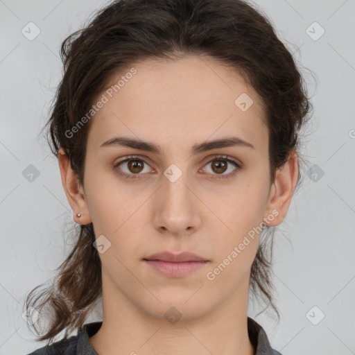 Neutral white young-adult female with medium  brown hair and brown eyes