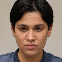 Joyful white young-adult female with short  black hair and brown eyes