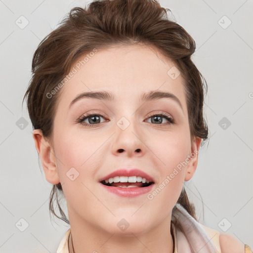 Joyful white young-adult female with medium  brown hair and blue eyes