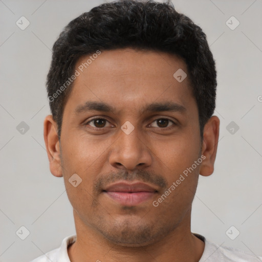 Neutral latino young-adult male with short  black hair and brown eyes