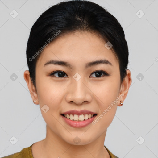 Joyful asian young-adult female with medium  brown hair and brown eyes