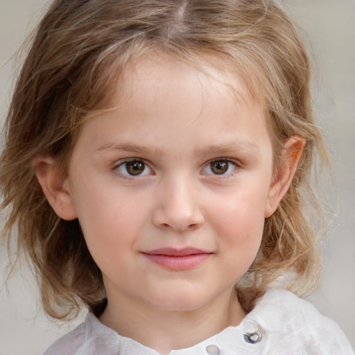 Joyful white child female with medium  brown hair and grey eyes