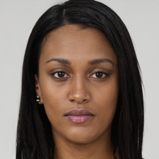 Neutral asian young-adult female with long  black hair and brown eyes