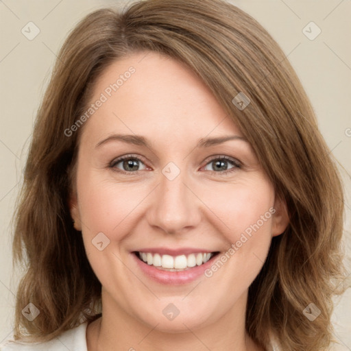 Joyful white young-adult female with medium  brown hair and green eyes