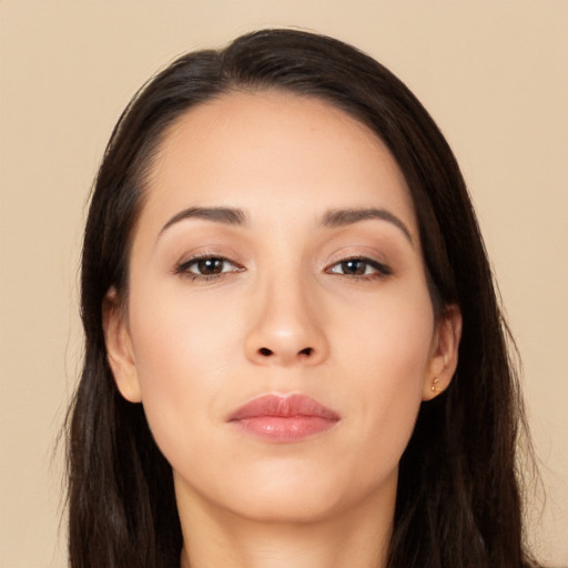 Neutral asian young-adult female with long  brown hair and brown eyes