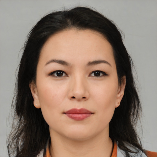 Neutral asian young-adult female with medium  brown hair and brown eyes
