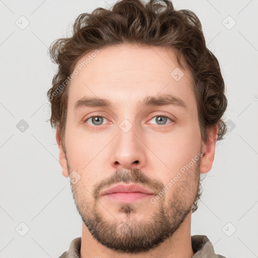 Neutral white young-adult male with short  brown hair and grey eyes