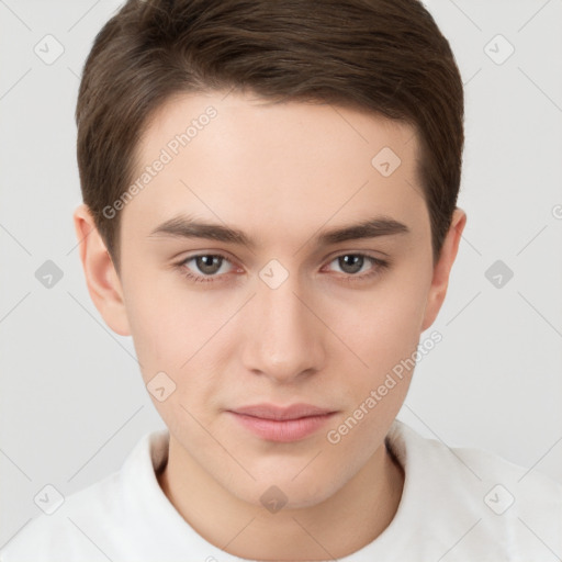 Neutral white young-adult male with short  brown hair and brown eyes