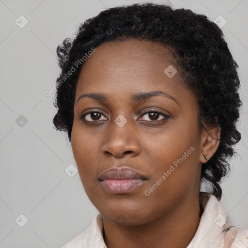 Neutral black young-adult female with short  black hair and brown eyes