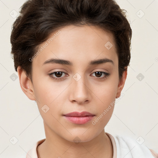 Neutral white young-adult female with short  brown hair and brown eyes