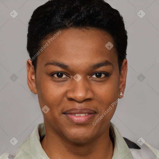 Joyful black young-adult female with short  black hair and brown eyes