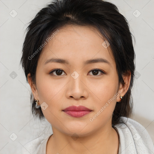 Neutral asian young-adult female with medium  brown hair and brown eyes