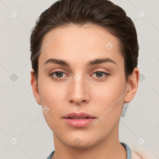 Neutral white young-adult female with short  brown hair and brown eyes