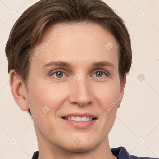 Joyful white young-adult female with short  brown hair and grey eyes