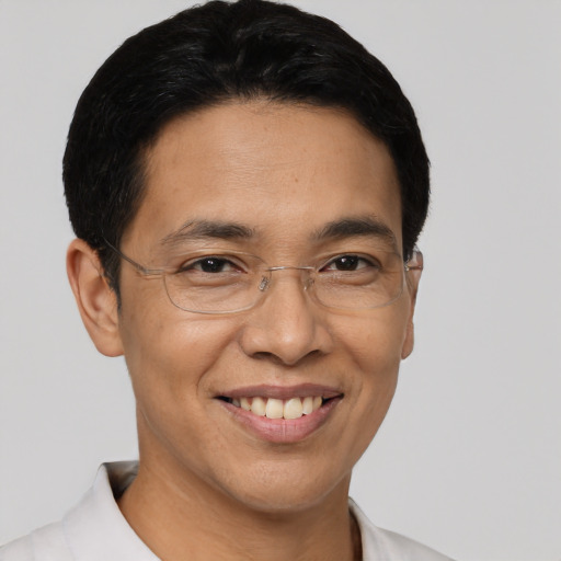 Joyful asian adult male with short  black hair and brown eyes