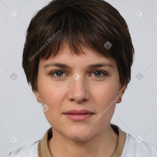 Joyful white young-adult female with medium  brown hair and grey eyes