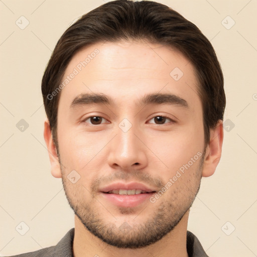 Joyful white young-adult male with short  brown hair and brown eyes