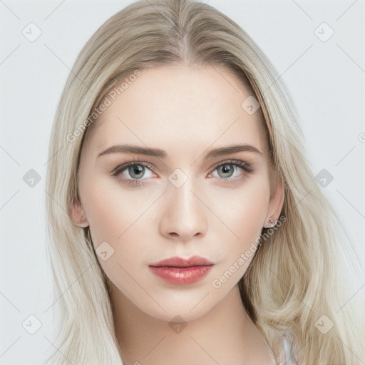 Neutral white young-adult female with long  brown hair and blue eyes