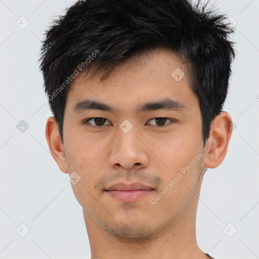 Neutral asian young-adult male with short  black hair and brown eyes