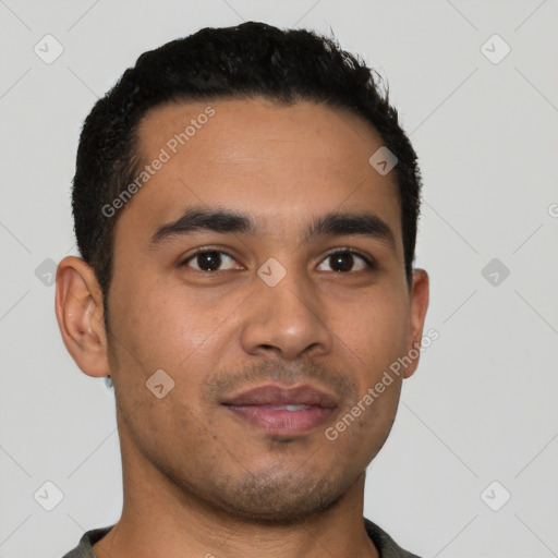 Neutral latino young-adult male with short  black hair and brown eyes