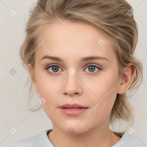 Neutral white young-adult female with medium  brown hair and grey eyes