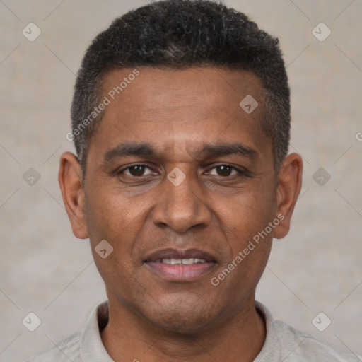 Joyful black adult male with short  black hair and brown eyes