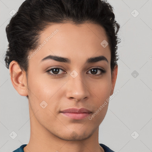 Joyful latino young-adult female with short  brown hair and brown eyes