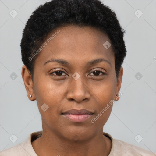 Neutral black young-adult female with short  brown hair and brown eyes