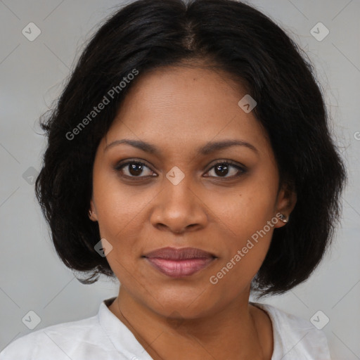Joyful black young-adult female with medium  black hair and brown eyes