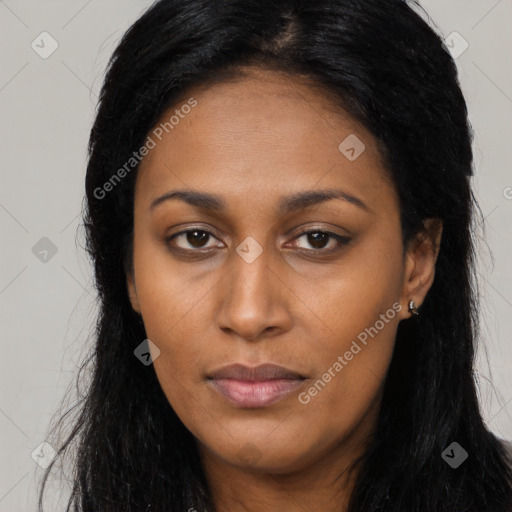 Neutral latino young-adult female with long  black hair and brown eyes